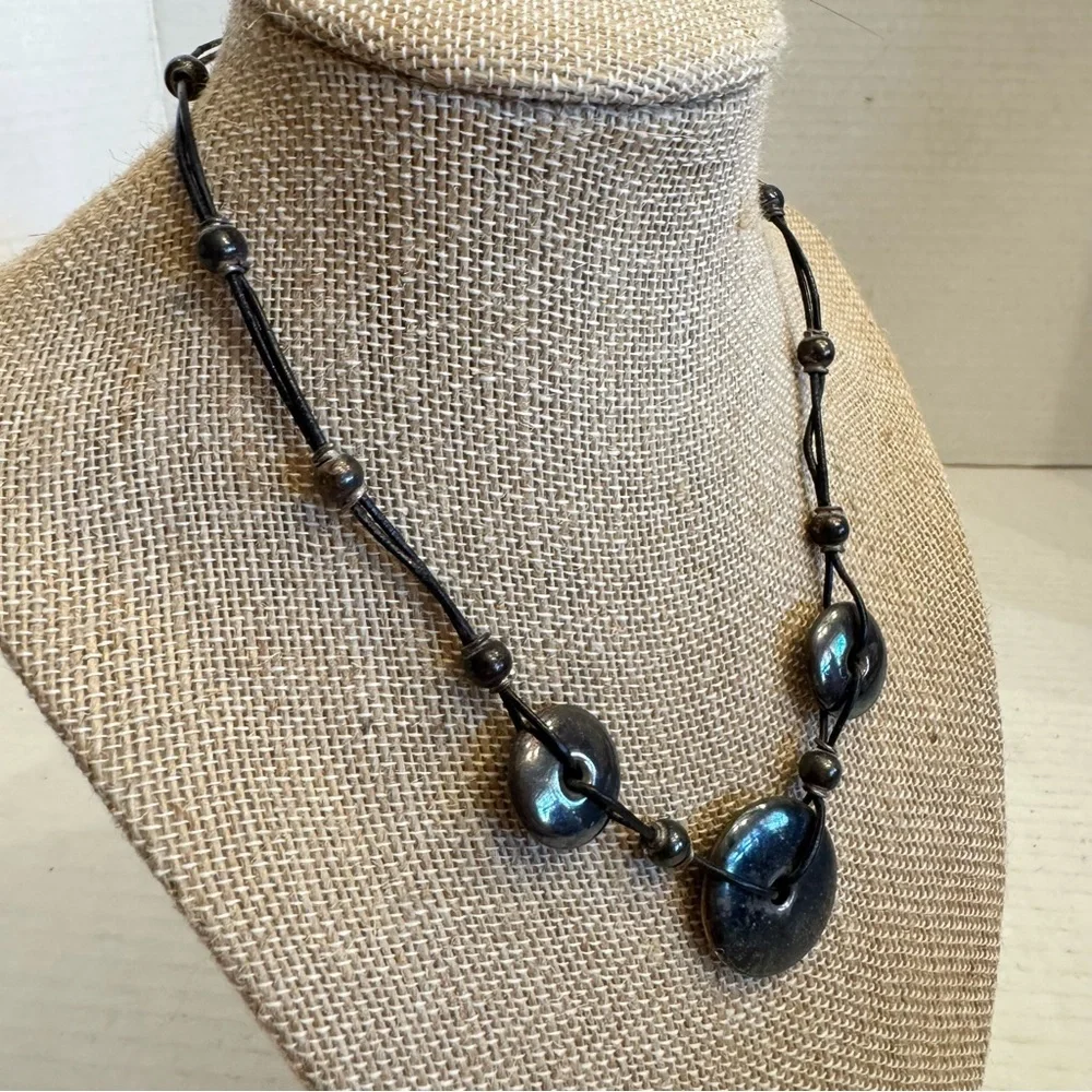 Sterling Silver Round Puffer Circle Discs Leather Cord Necklace Made in Italy - Picture 8 of 16